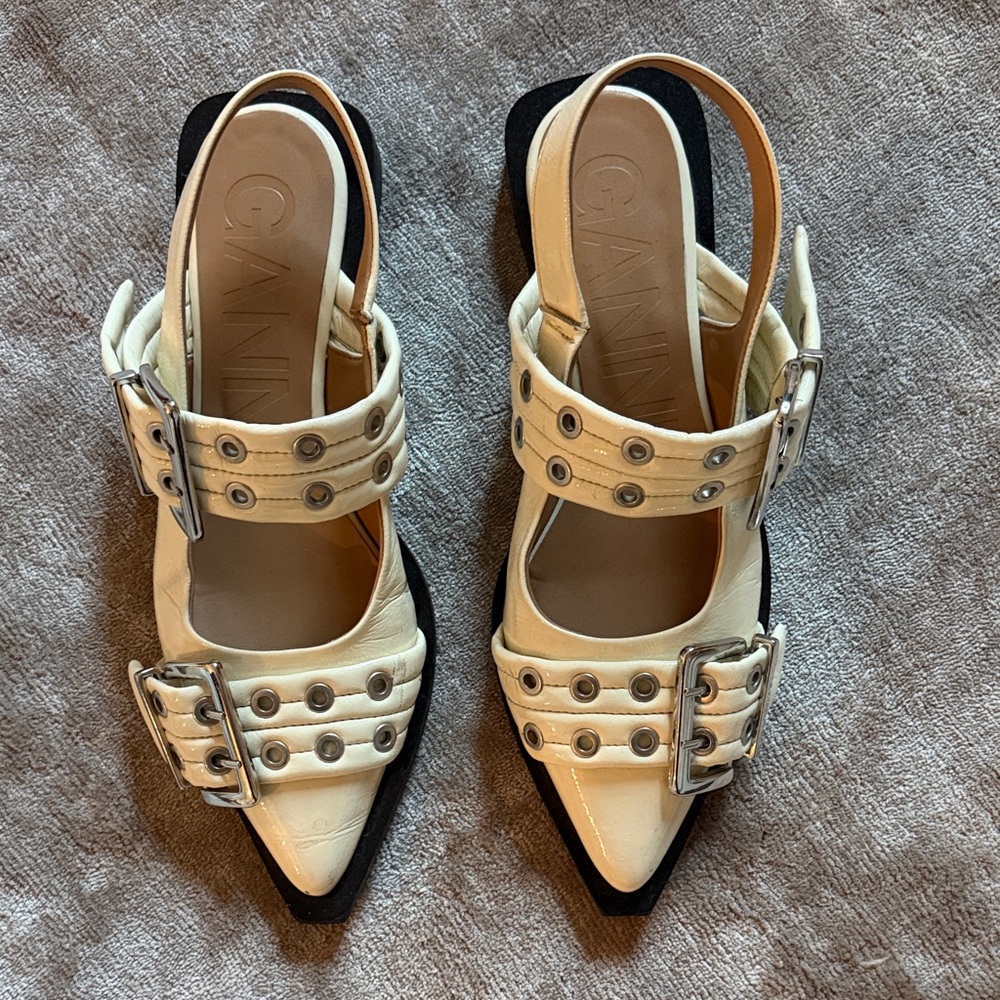 Ganni Cream Heels with Silver Buckles